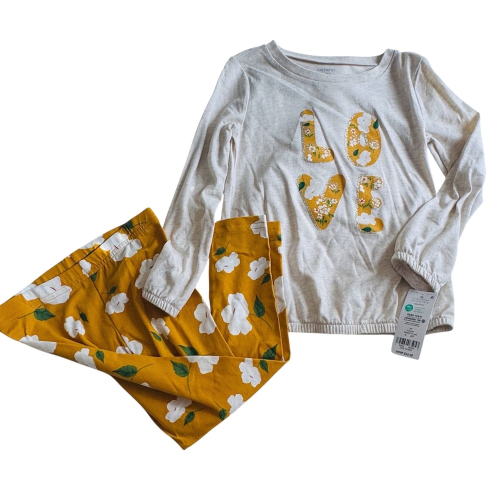 Carter's Girls 5T 2-Piece Set Oatmeal Love Graphic Top Mustard Floral Leggings